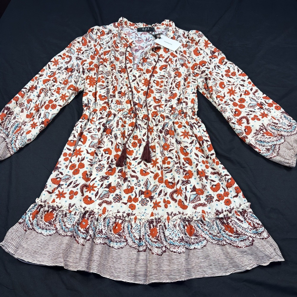 O.P.T. One Pretty Time NWT Orange Floral Tassel Mini‎ Dress Long Sleeve Size L